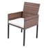 Angled view of rattan outdoor dining armchair with woven backrest