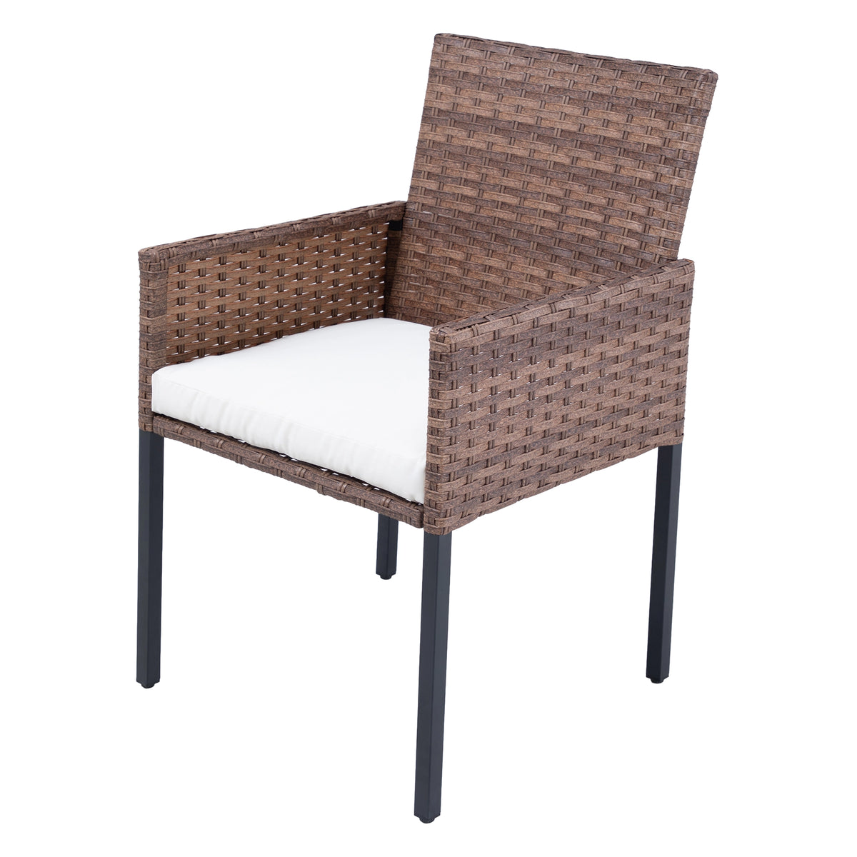 Angled view of rattan outdoor dining armchair with woven backrest
