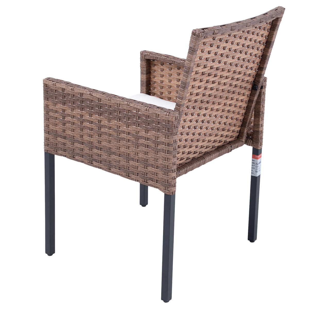 Rear angled view of outdoor rattan armchair with woven back and armrests