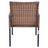 Back view of brown wicker dining chair with black metal frame