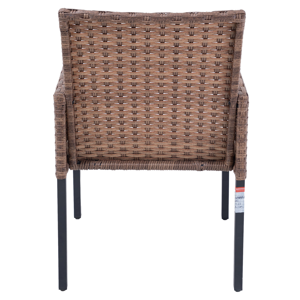 Back view of brown wicker dining chair with black metal frame