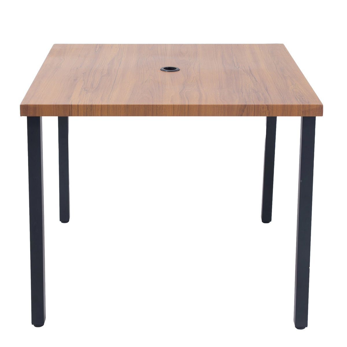Square outdoor dining table with wood-look top and black metal legs