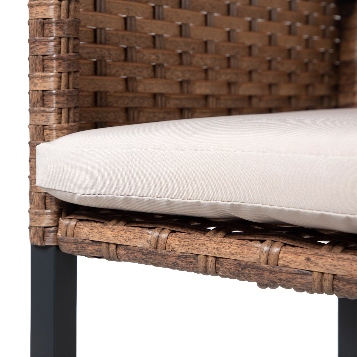 Beige patio dining chair cushion with woven wicker seat support
