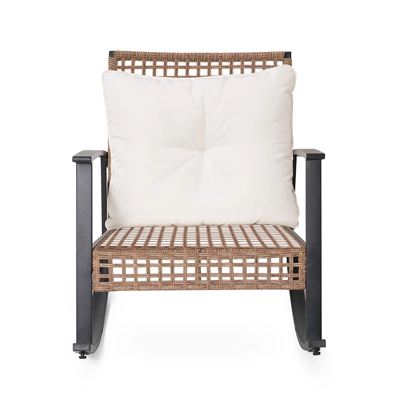Front view of wicker patio rocking chair with cushioned seat and backrest