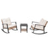 Pair of cushioned outdoor wicker rocking chairs with central accent table