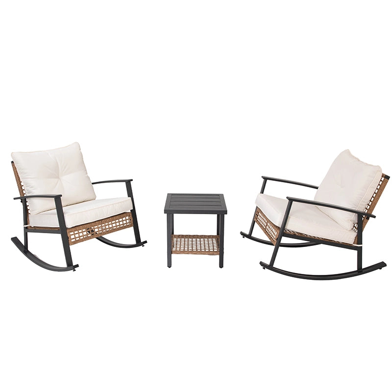 Pair of cushioned outdoor wicker rocking chairs with central accent table
