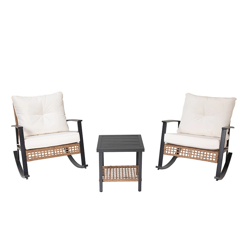 3 piece outdoor wicker rocking chair set with two porch rockers and side table