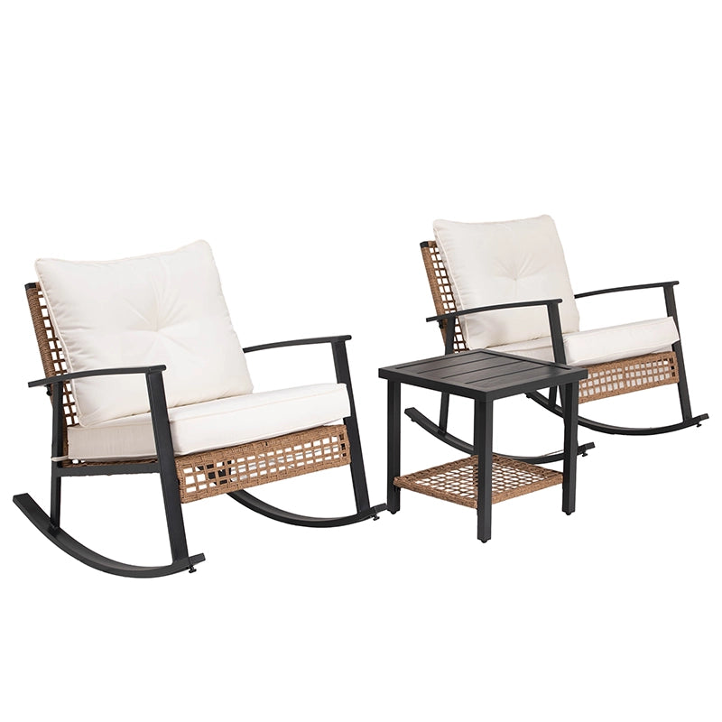 Side view of outdoor wicker rocking chair with curved metal runners