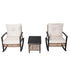 Two outdoor rocking chairs with woven backs and square side table between them