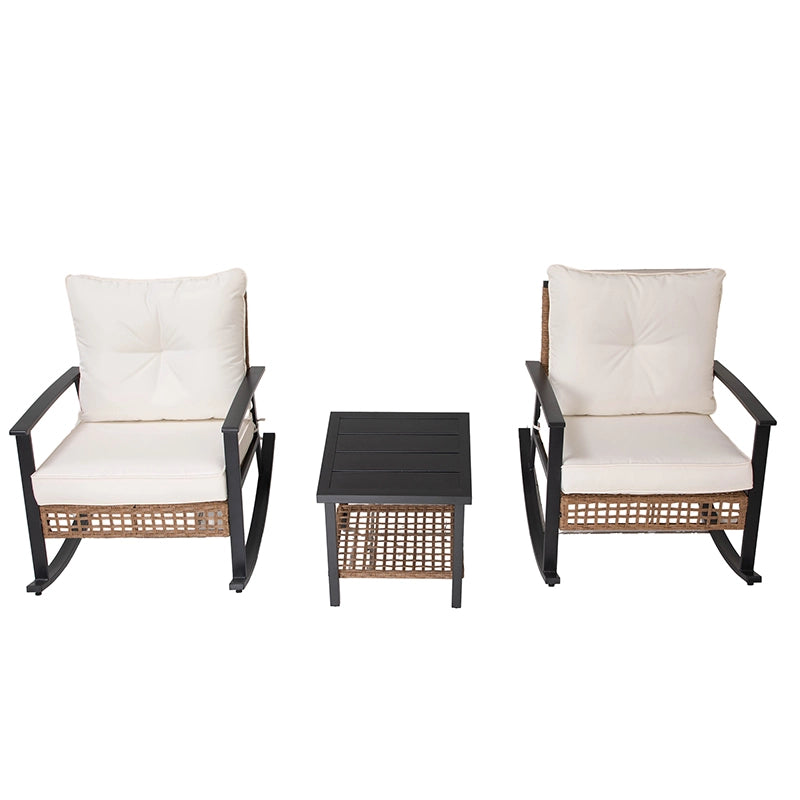 Two outdoor rocking chairs with woven backs and square side table between them