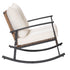 Side profile of cushioned patio rocking chair showing curved rocking base