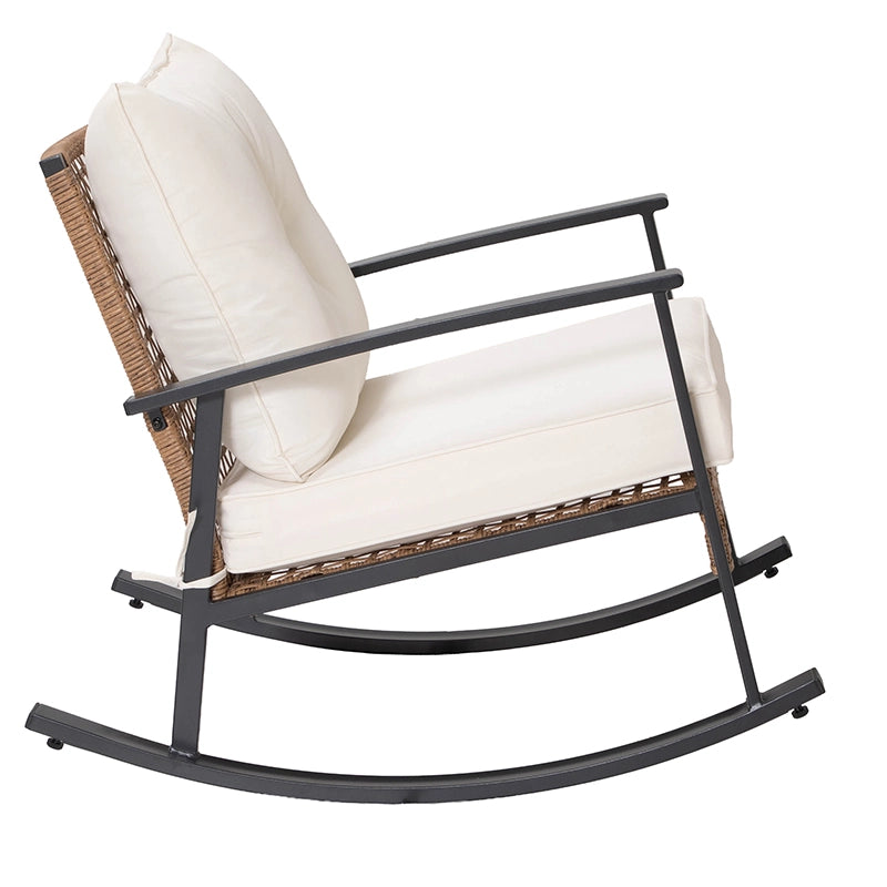 Side profile of cushioned patio rocking chair showing curved rocking base