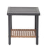 Front view of square wicker side table with open lower storage shelf