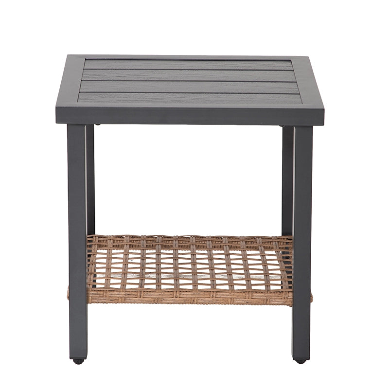 Front view of square wicker side table with open lower storage shelf