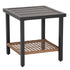 Angled view of two-tier outdoor side table with woven wicker shelf