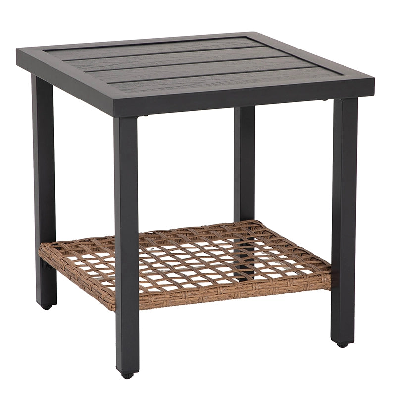 Angled view of two-tier outdoor side table with woven wicker shelf