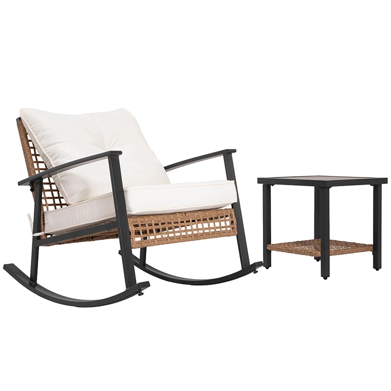 Wicker patio rocker chairs and side table arranged for outdoor conversation