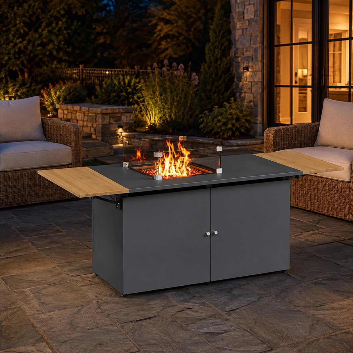 64" Propane Fire Pit Table with Fold-Down Side Shelves