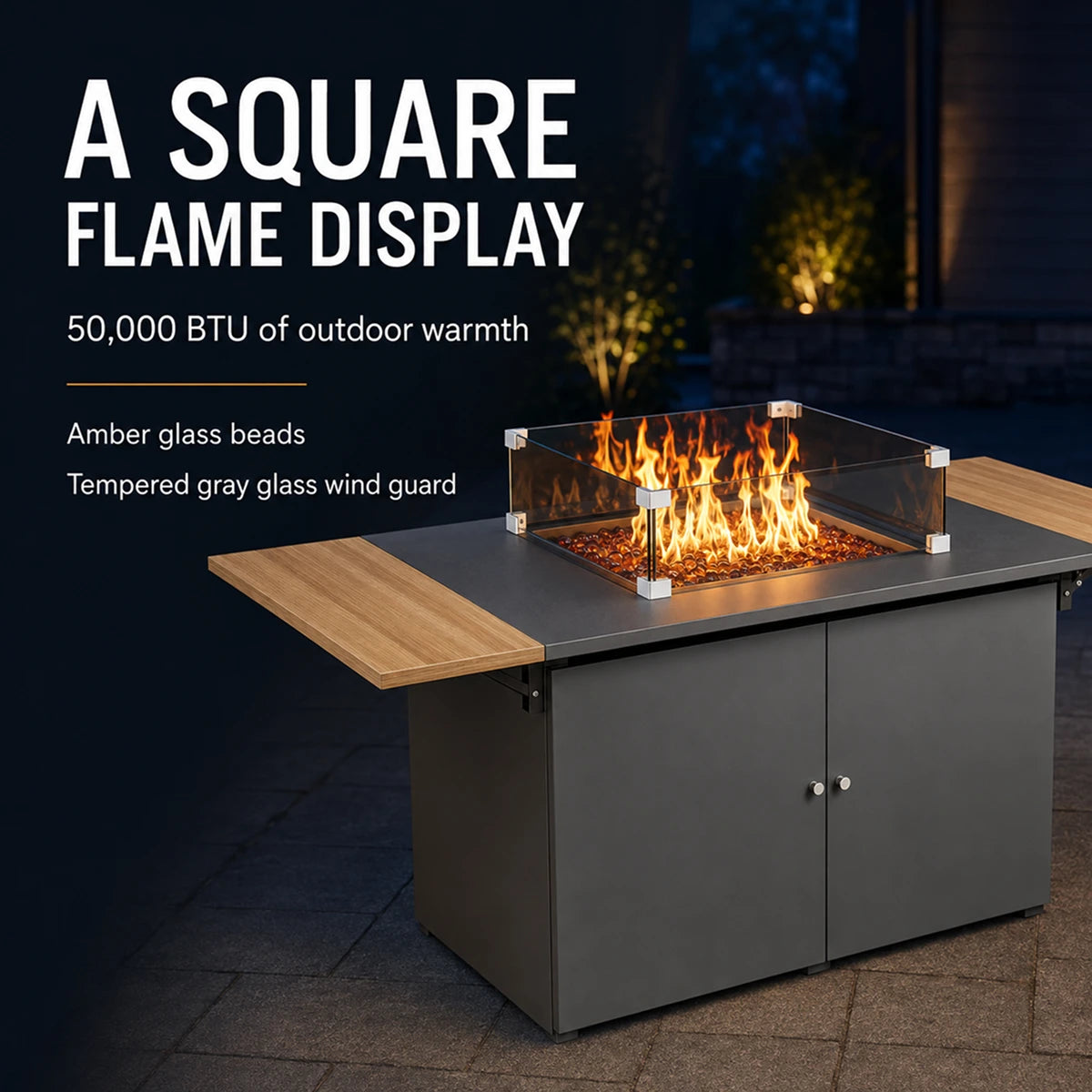 64" Propane Fire Pit Table with Fold-Down Side Shelves