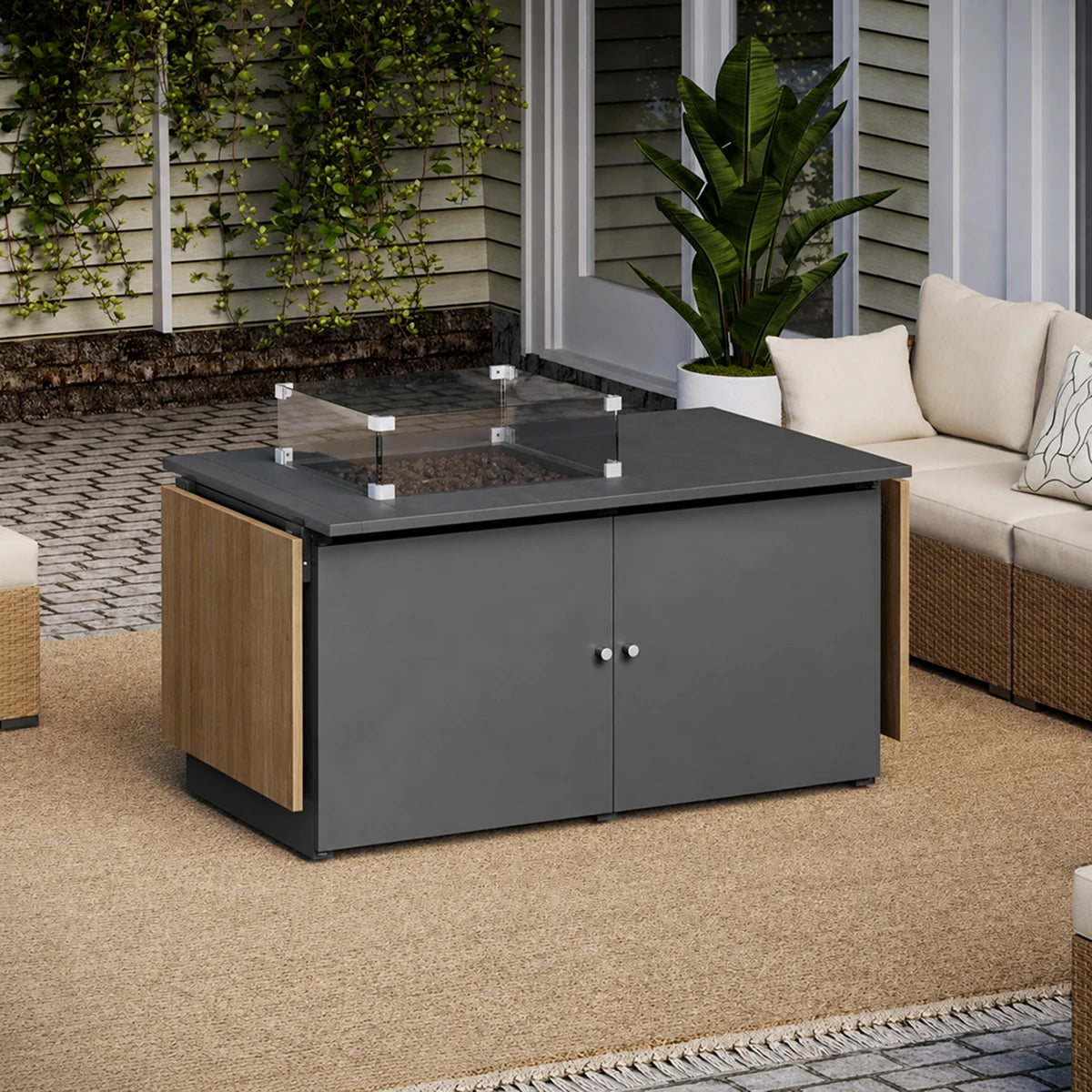 64" Propane Fire Pit Table with Fold-Down Side Shelves