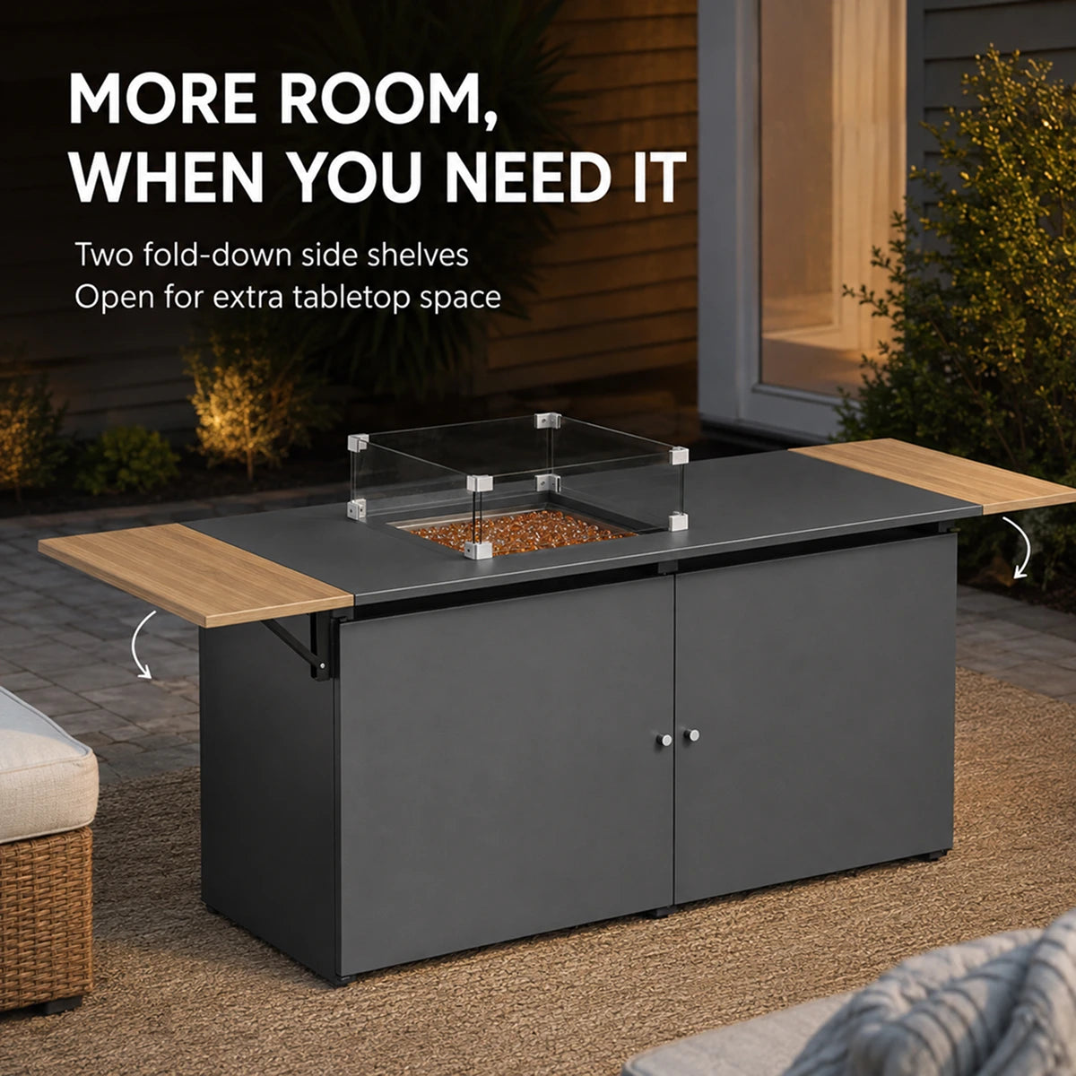 64" Propane Fire Pit Table with Fold-Down Side Shelves