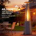 Propane patio heater with visible vertical flame in an outdoor seating area