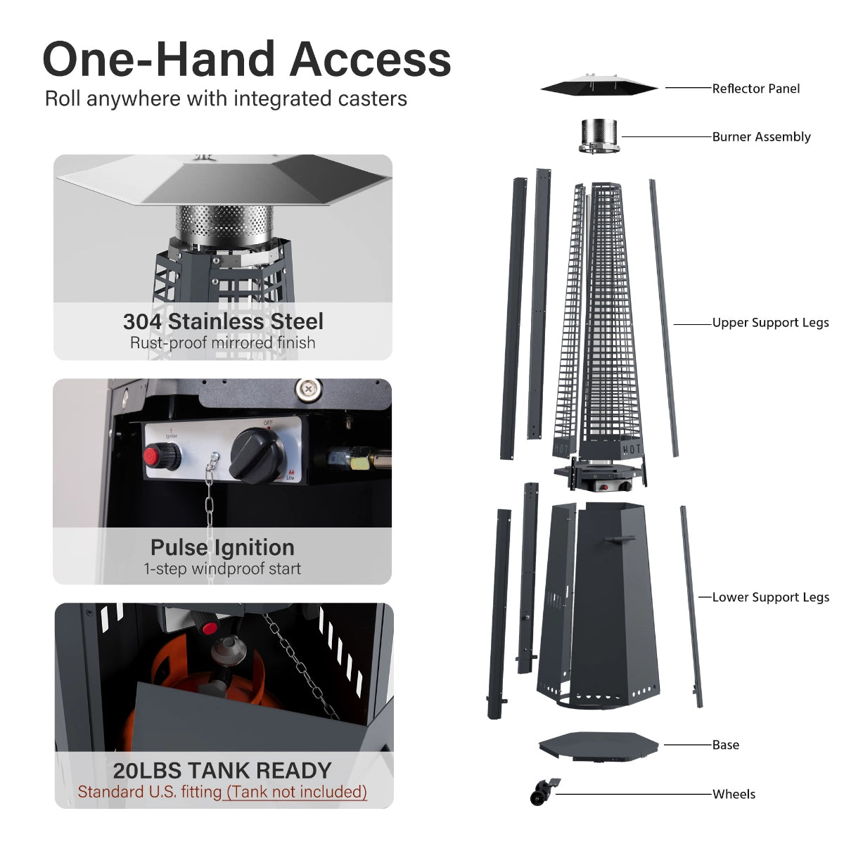 Hexagonal Pyramid Propane Patio Heater with Wheels