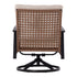 Angled view of cushioned wicker swivel rocker with armrests