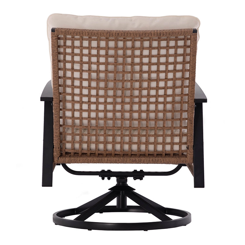Angled view of cushioned wicker swivel rocker with armrests