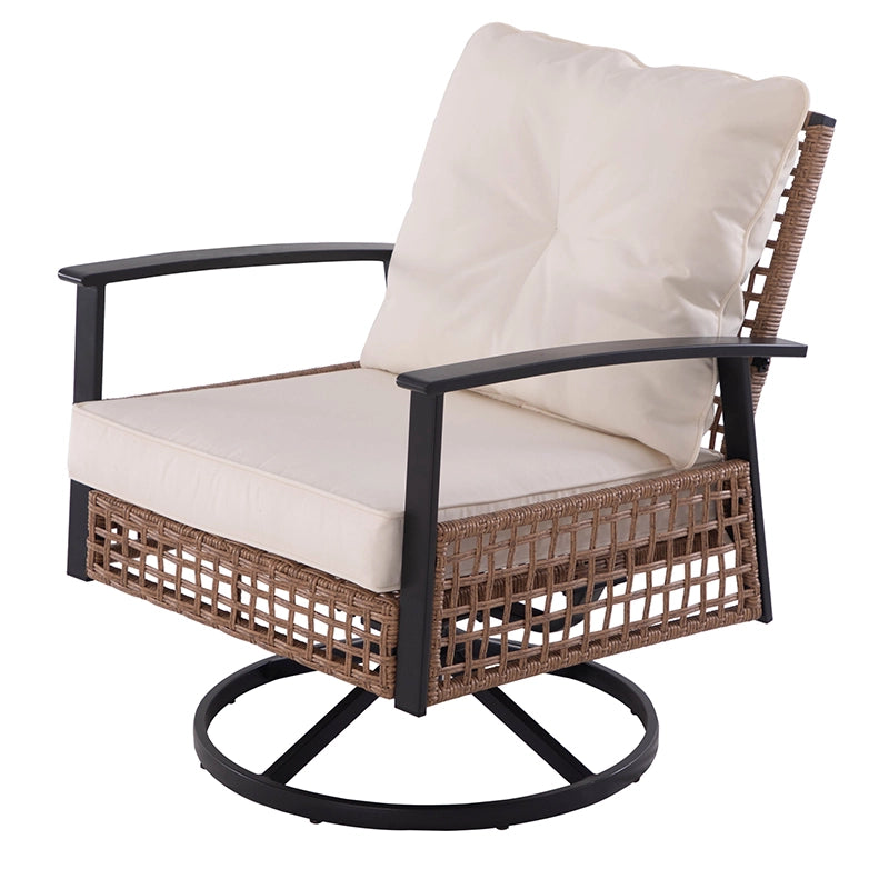 Front view of cushioned outdoor wicker swivel rocking chair