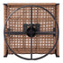 Underside view of square wicker patio side table with metal support frame
