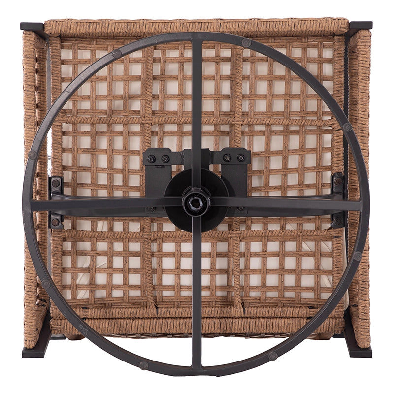 Underside view of square wicker patio side table with metal support frame
