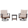 3 piece wicker swivel rocking chair set with two cushioned chairs and square side table