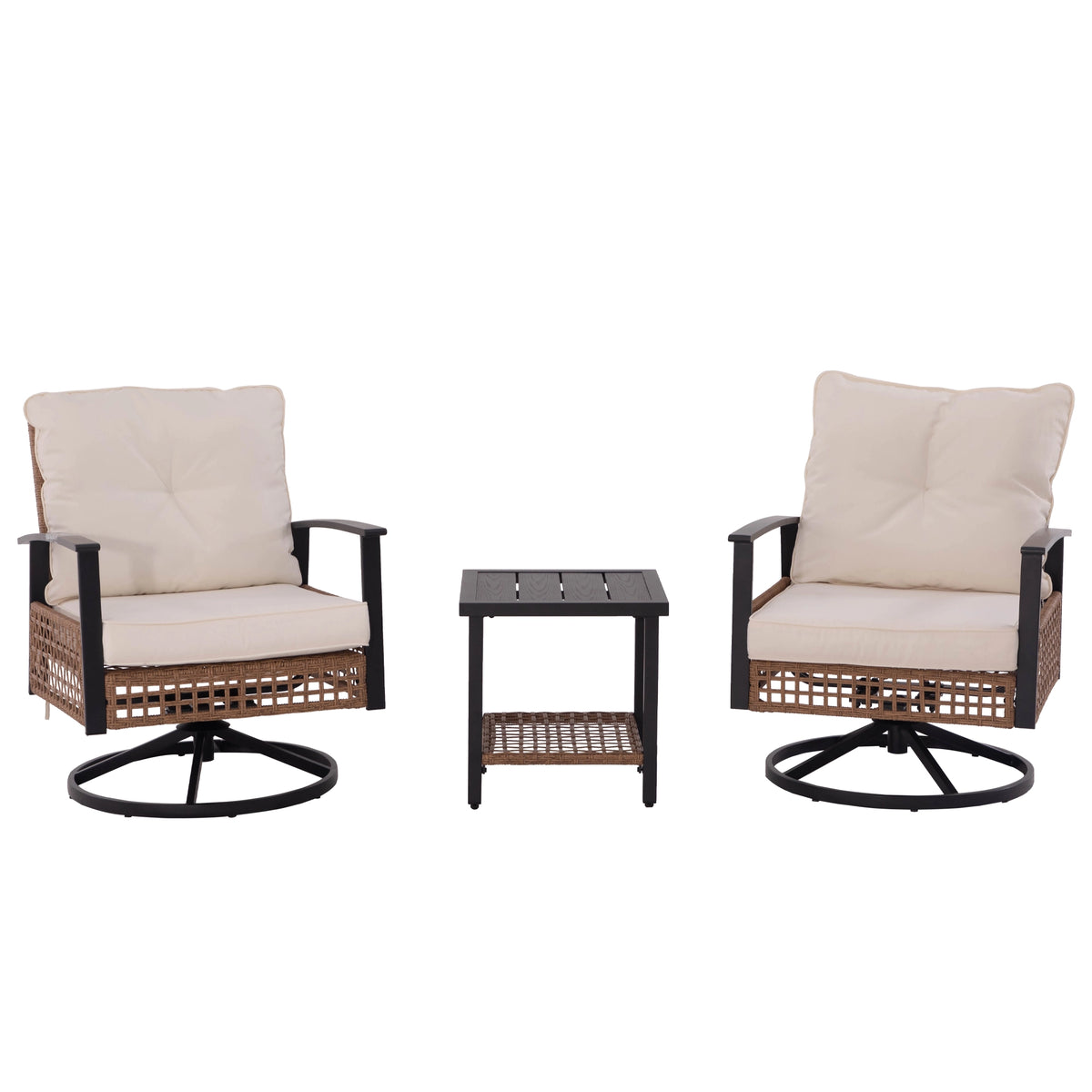 3 piece wicker swivel rocking chair set with two cushioned chairs and square side table