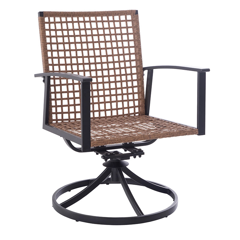 Angled view of wicker swivel rocking patio chair with circular metal base