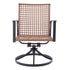Front view of rattan swivel rocking chair with woven backrest and metal armrests
