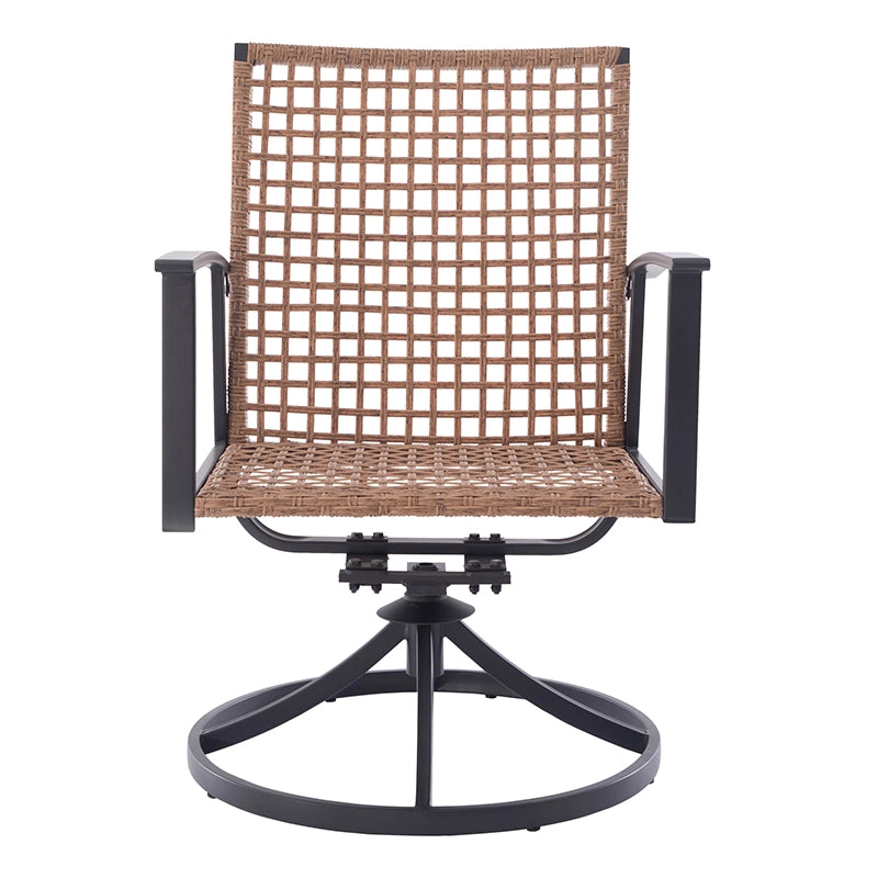Front view of rattan swivel rocking chair with woven backrest and metal armrests