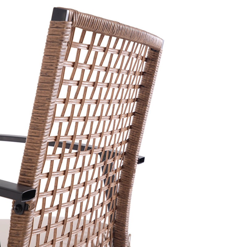 Close-up of woven wicker backrest on outdoor swivel rocking chair
