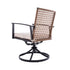 Two wicker swivel rocking chairs with cushions and matching patio side table