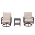 Circular metal swivel rocking base beneath wicker patio chair