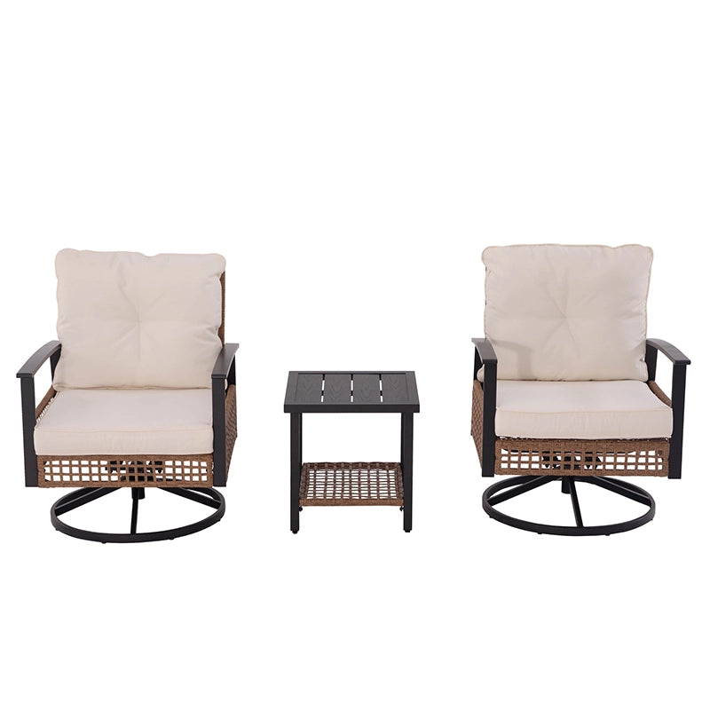 Circular metal swivel rocking base beneath wicker patio chair