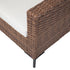Close-up of wicker sofa armrest panel and upholstered seat cushion