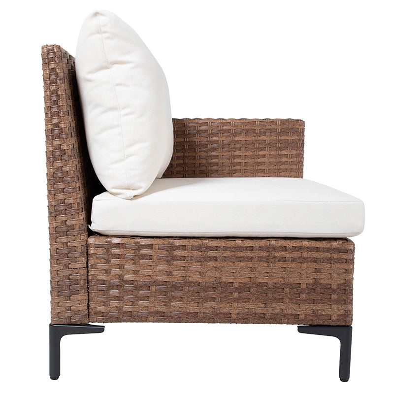 Profile of patio sofa seating with beige back cushion and wicker base
