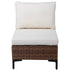 Front view of armless wicker sectional sofa seat with beige cushions
