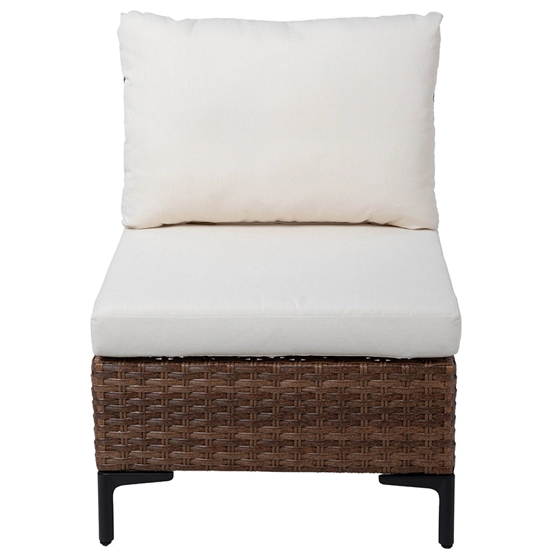 Front view of armless wicker sectional sofa seat with beige cushions