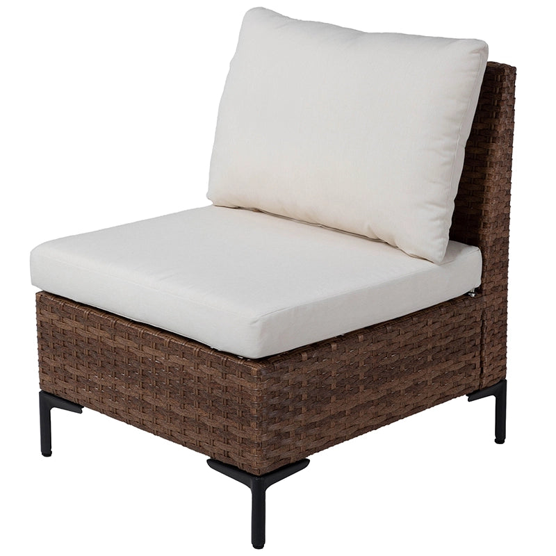 Angled view of armless outdoor sofa module with woven rattan frame