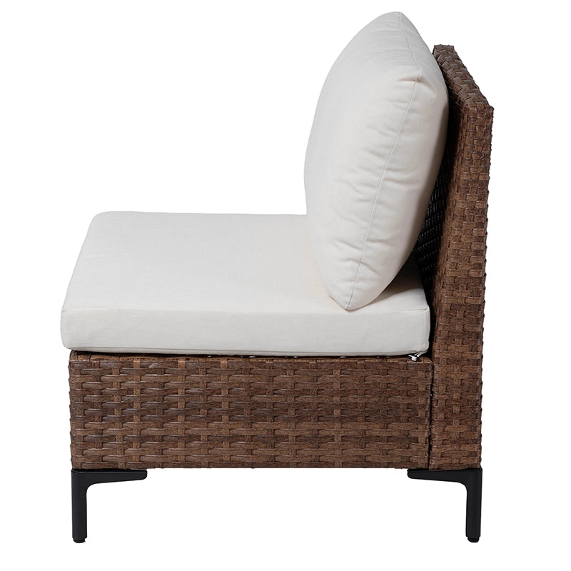 Side profile of cushioned armless patio sectional sofa