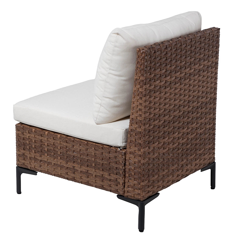 Rear angled view of wicker armless sofa module with upholstered backrest