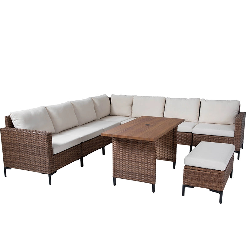 Outdoor wicker corner sectional with ottoman and semi-height dining table