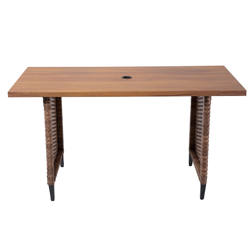 Front view of rectangular semi-height patio dining table with wood-look top